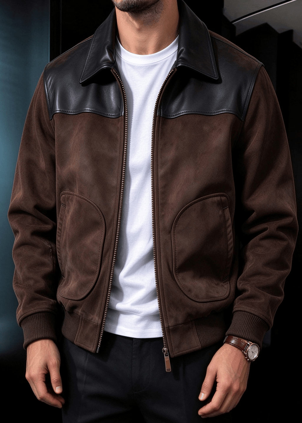 Men's Faux Suede & PU Leather Contrast Color-Block Lapel Jacket