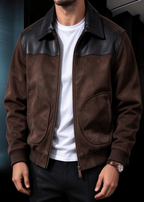 Men's Faux Suede & PU Leather Contrast Color-Block Lapel Jacket