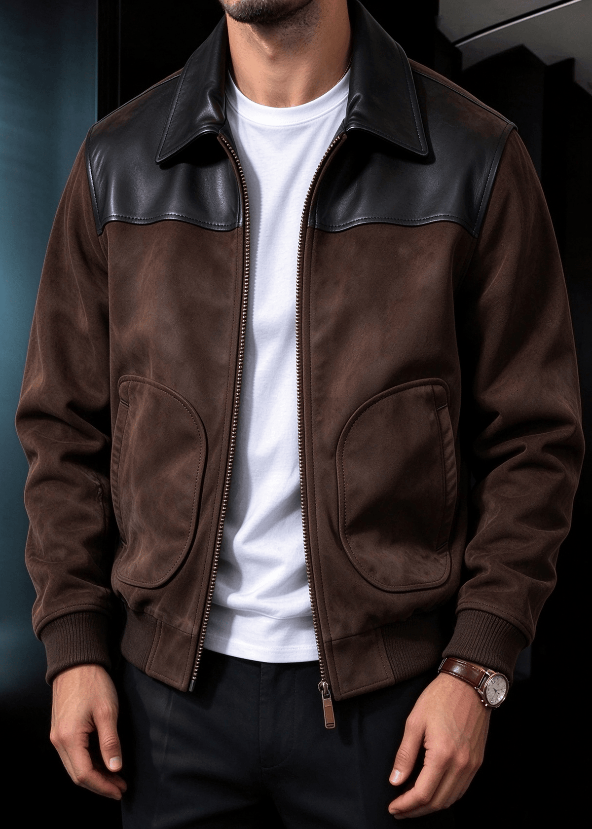 Men's Faux Suede & PU Leather Contrast Color-Block Lapel Jacket