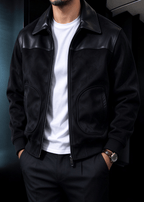 Men's Faux Suede & PU Leather Contrast Color-Block Lapel Jacket