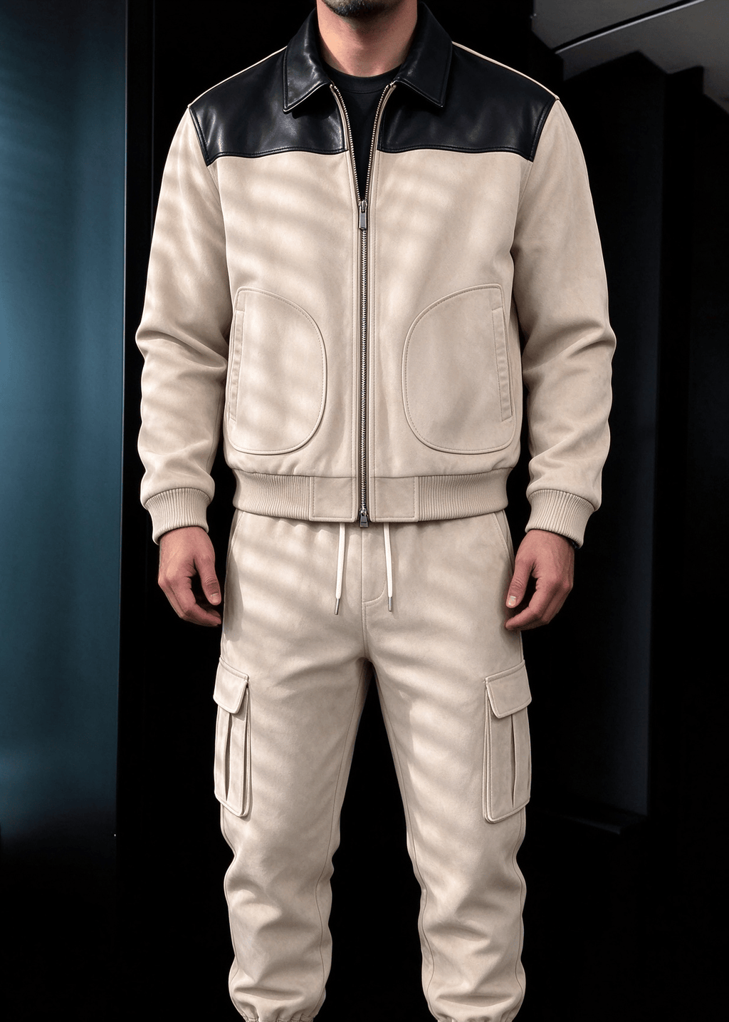 Men's Faux Suede & PU Leather Contrast Color-Block Lapel Jacket