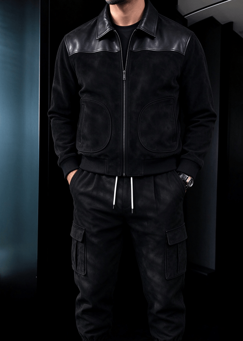Men's Faux Suede & PU Leather Contrast Color-Block Lapel Jacket